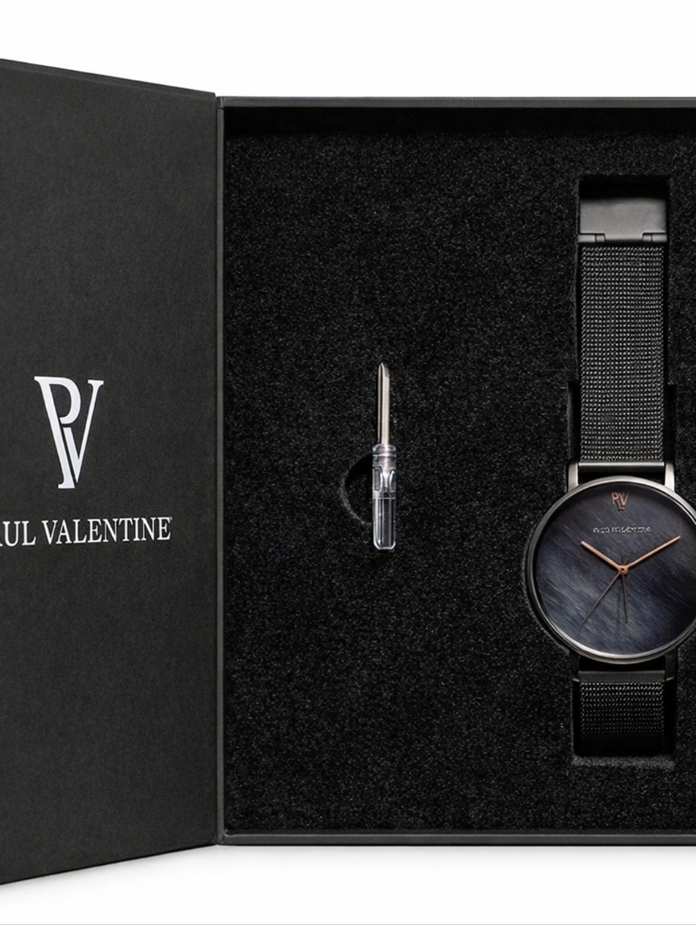 Paul Valentine Minimalist Black Mesh Watch – Like New w/ Box”